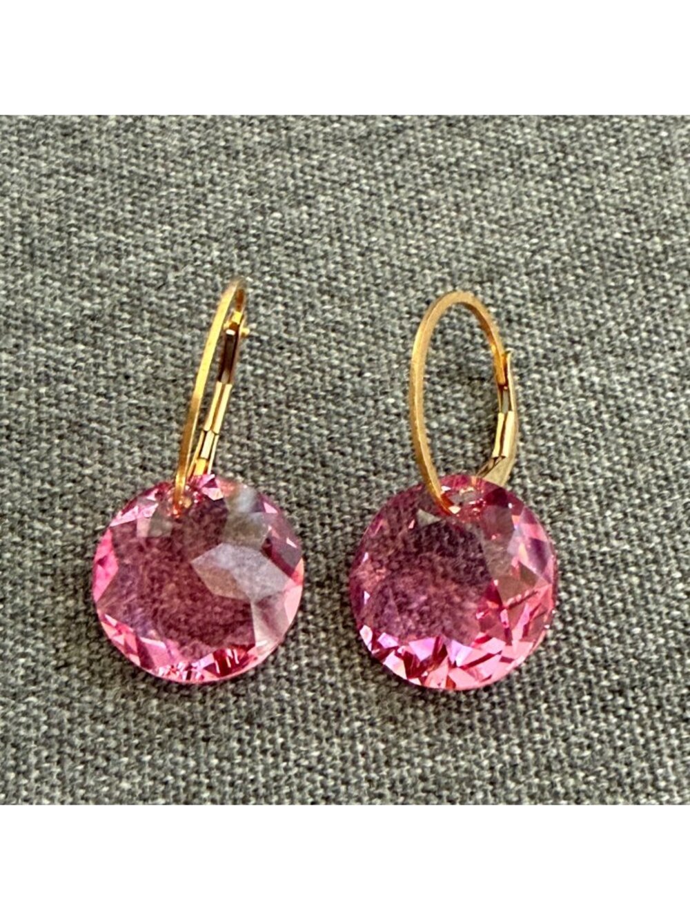 Gold filled Leverback Earrings Round Pink Crystal Drops